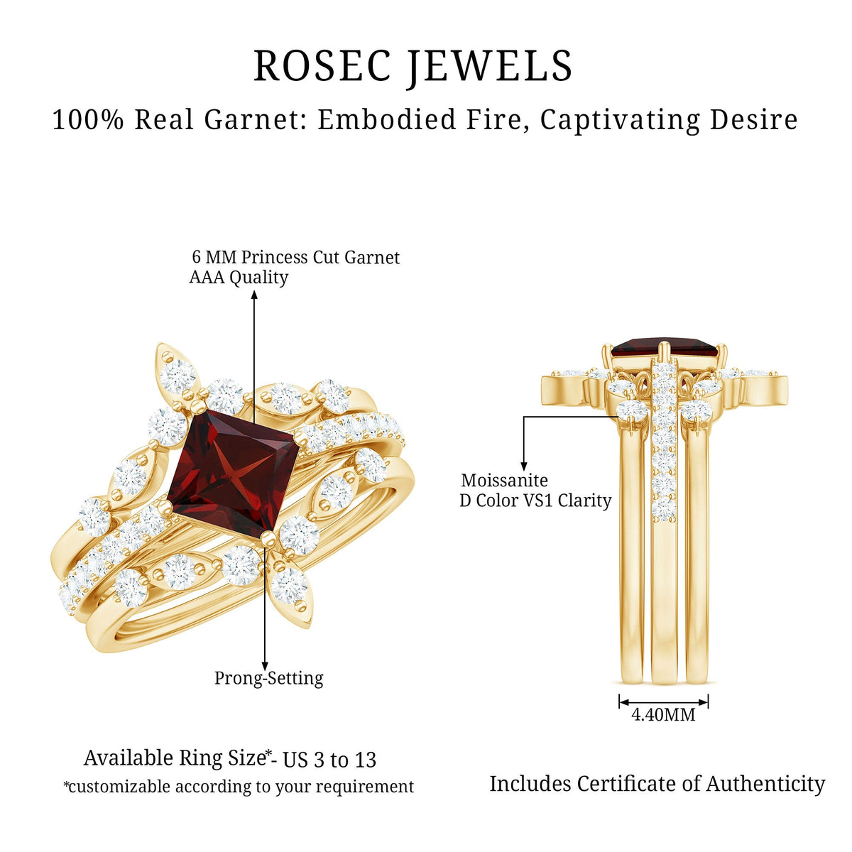 Conjunto de anillos de boda de 3 piezas con granate de corte princesa de aspecto vintage de 1,4 quilates y diamantes