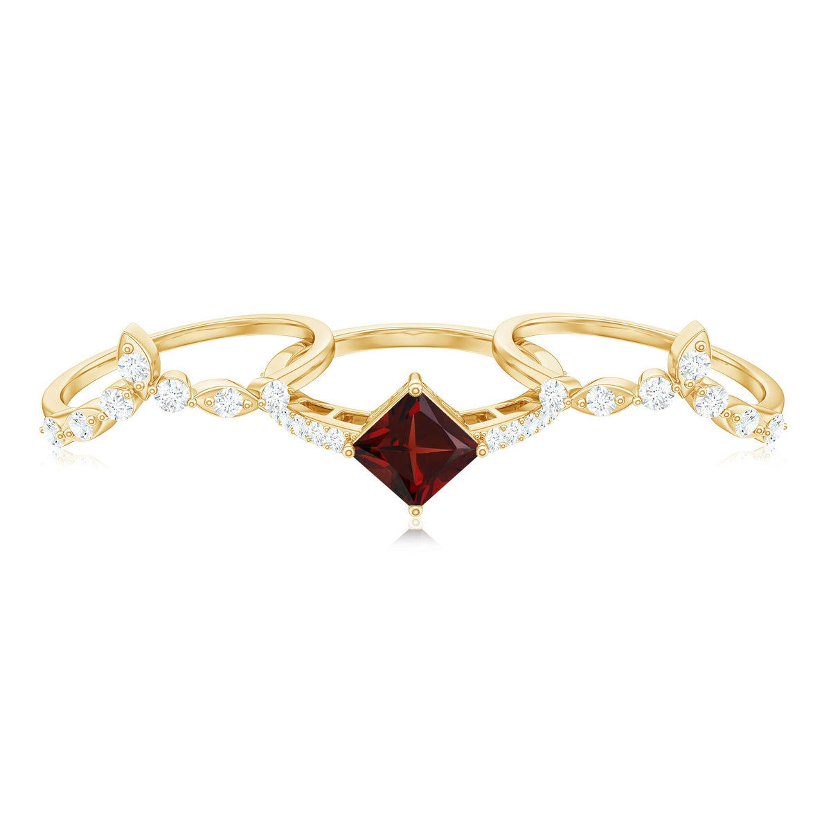 Conjunto de anillos de boda de 3 piezas con granate de corte princesa de aspecto vintage de 1,4 quilates y diamantes