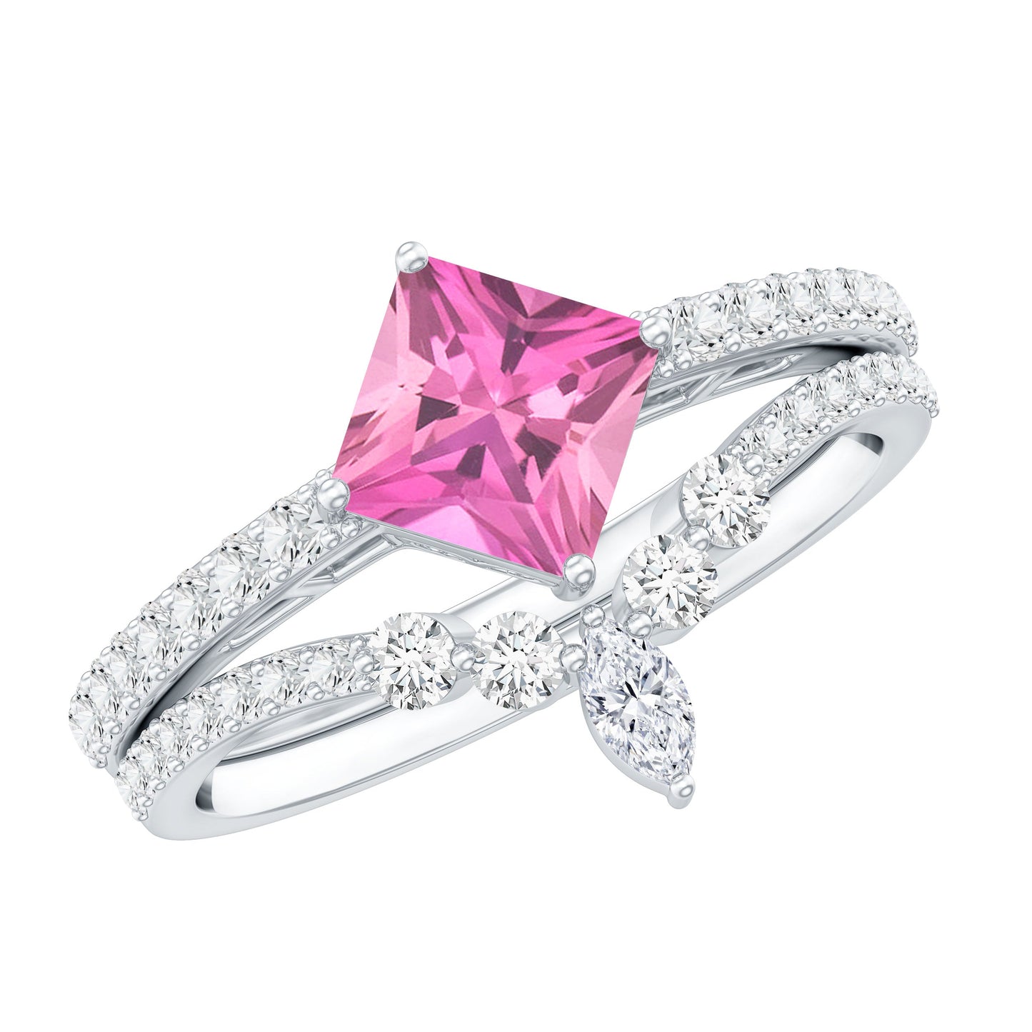 Set de anillo de boda para mujer de turmalina rosa talla princesa de 1 quilate y diamantes
