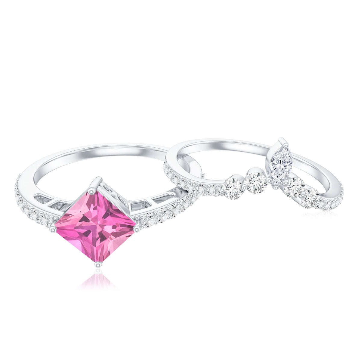 Set de anillo de boda para mujer de turmalina rosa talla princesa de 1 quilate y diamantes