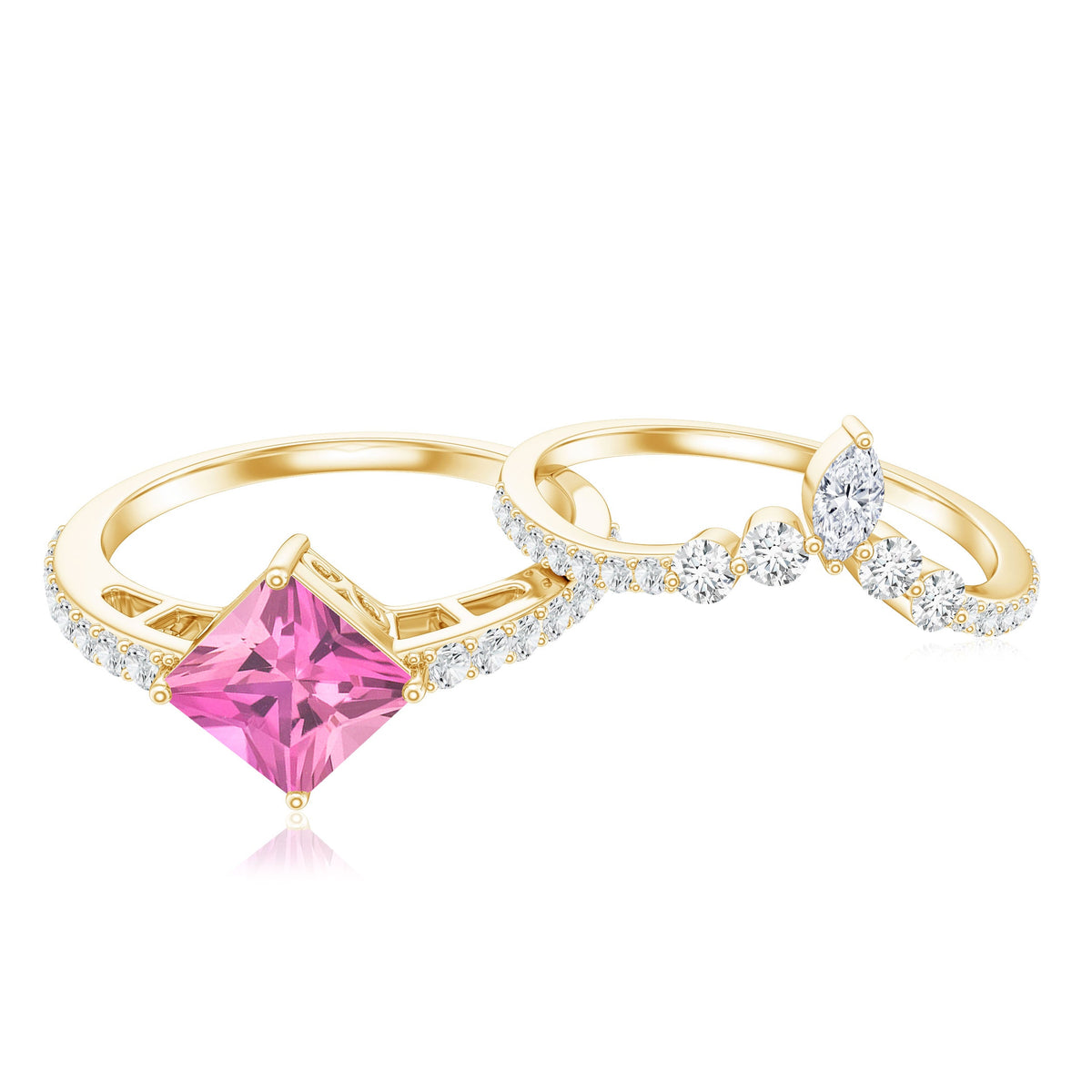 Set de anillo de boda para mujer de turmalina rosa talla princesa de 1 quilate y diamantes