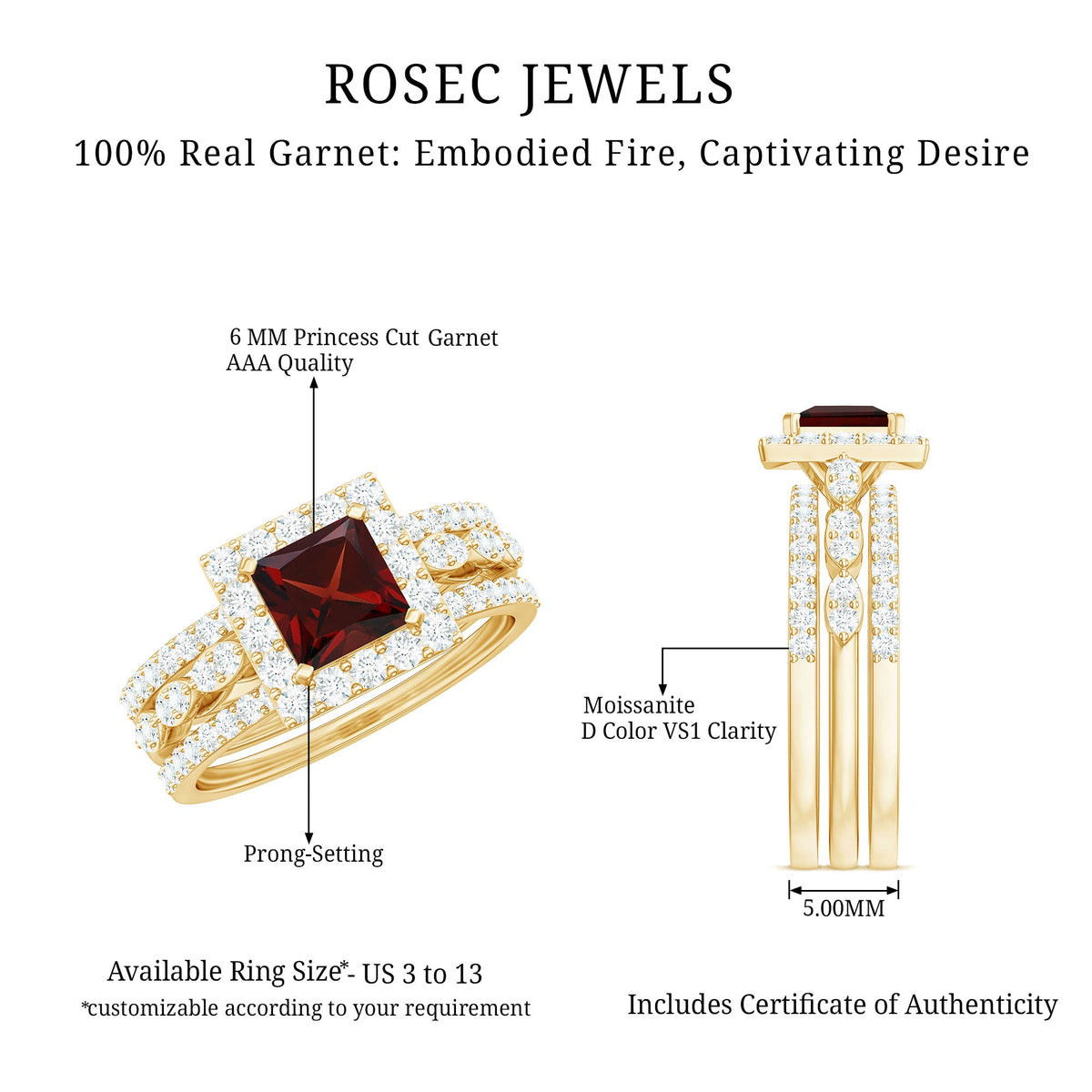 Genuine 1.4 Carat Princess Cut Garnet 3 Piece Bridal Ring Set with Moissanite