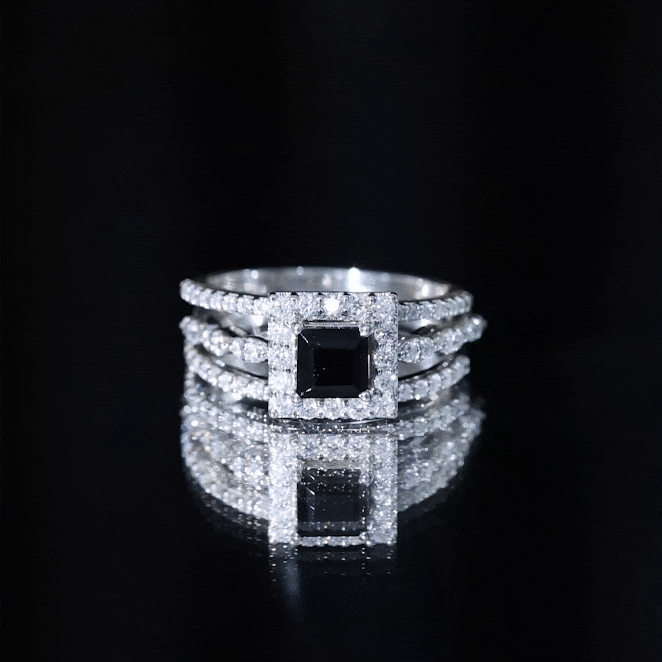 Juego de anillos de boda de ónix negro y moissanita corte princesa