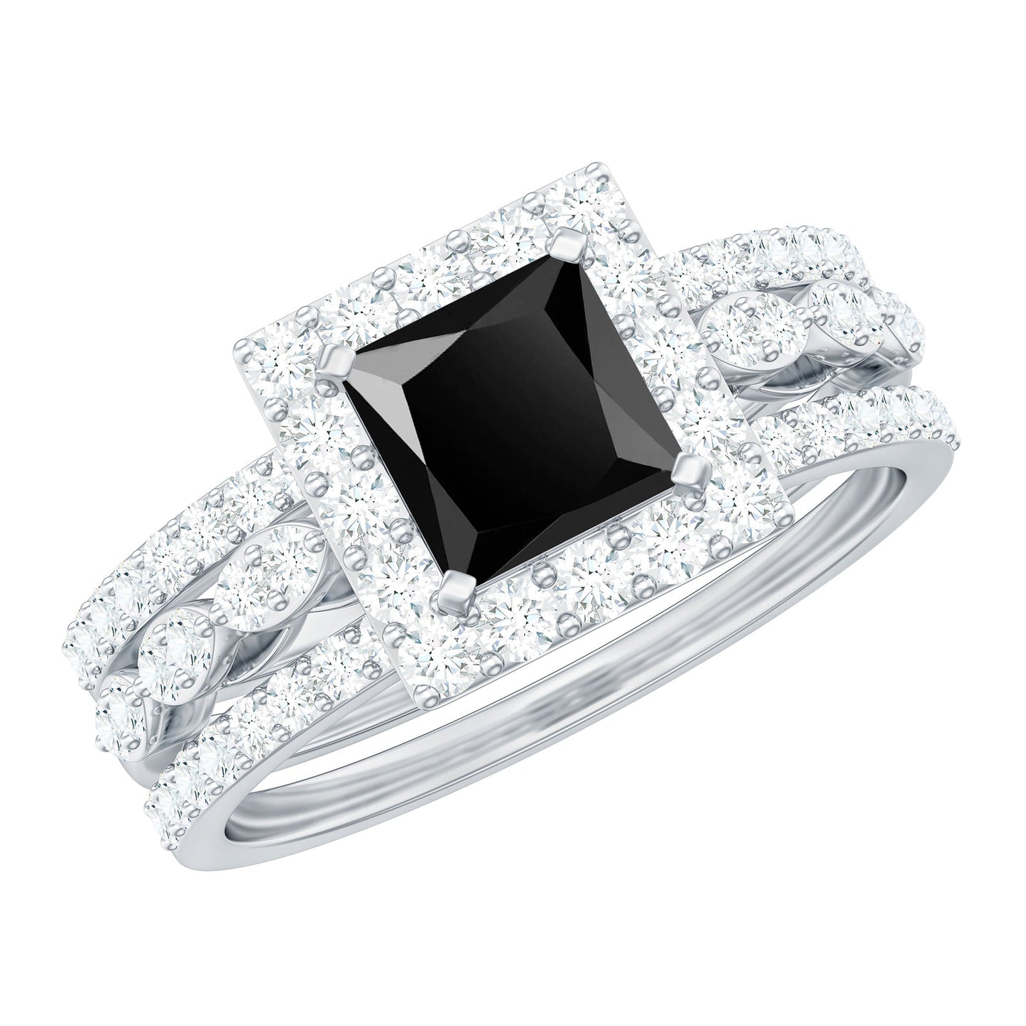 Juego de anillos de boda de ónix negro y moissanita corte princesa