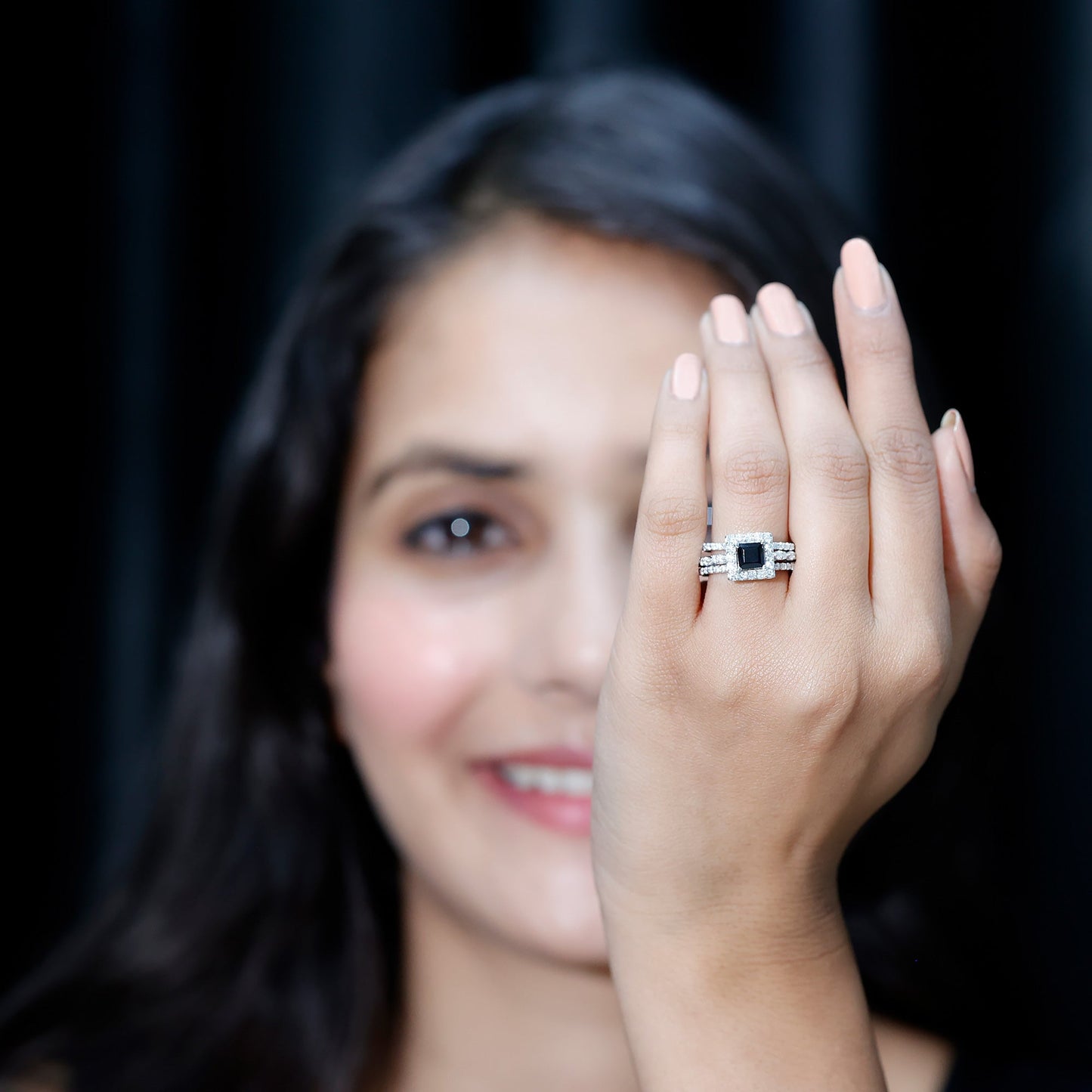 Juego de anillos de boda de ónix negro y moissanita corte princesa