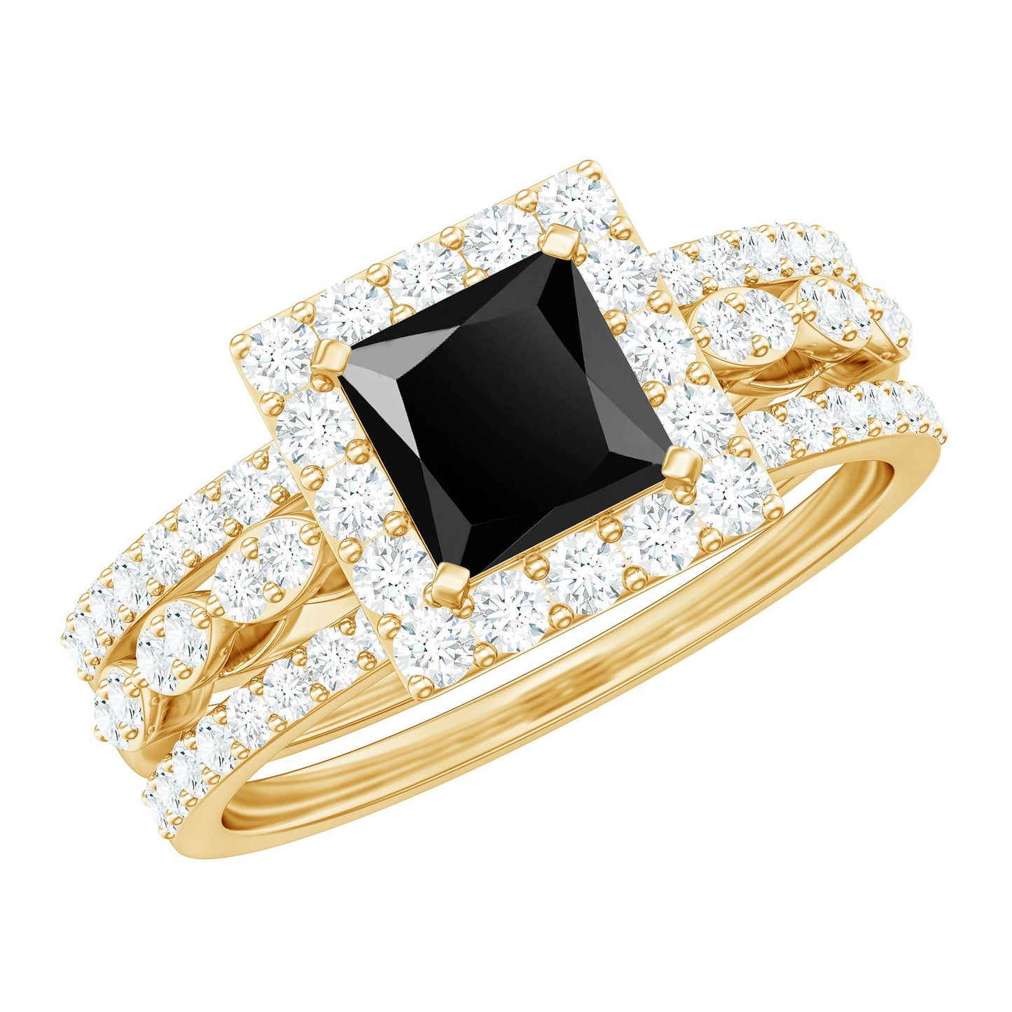 Juego de anillos de boda de ónix negro y moissanita corte princesa