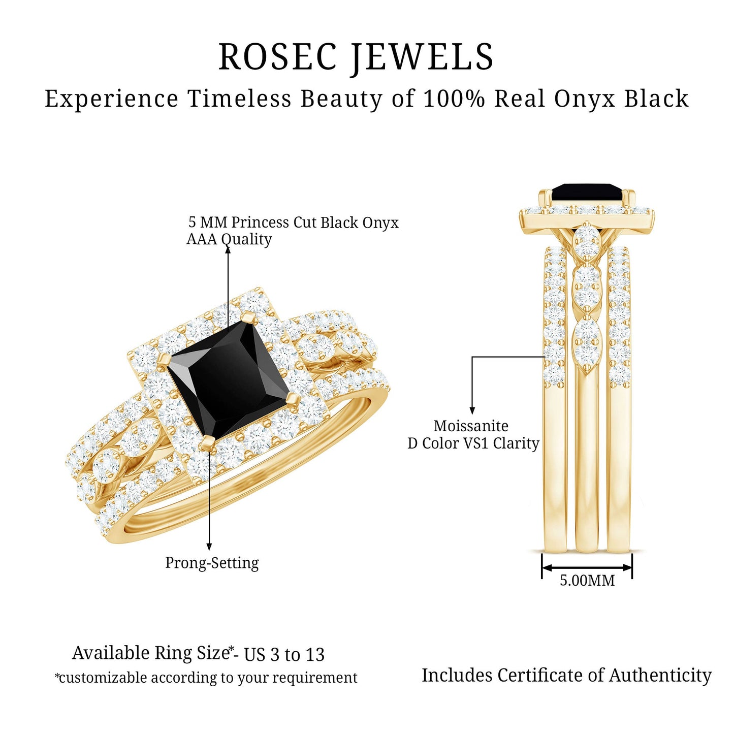 Juego de anillos de boda de ónix negro y moissanita corte princesa