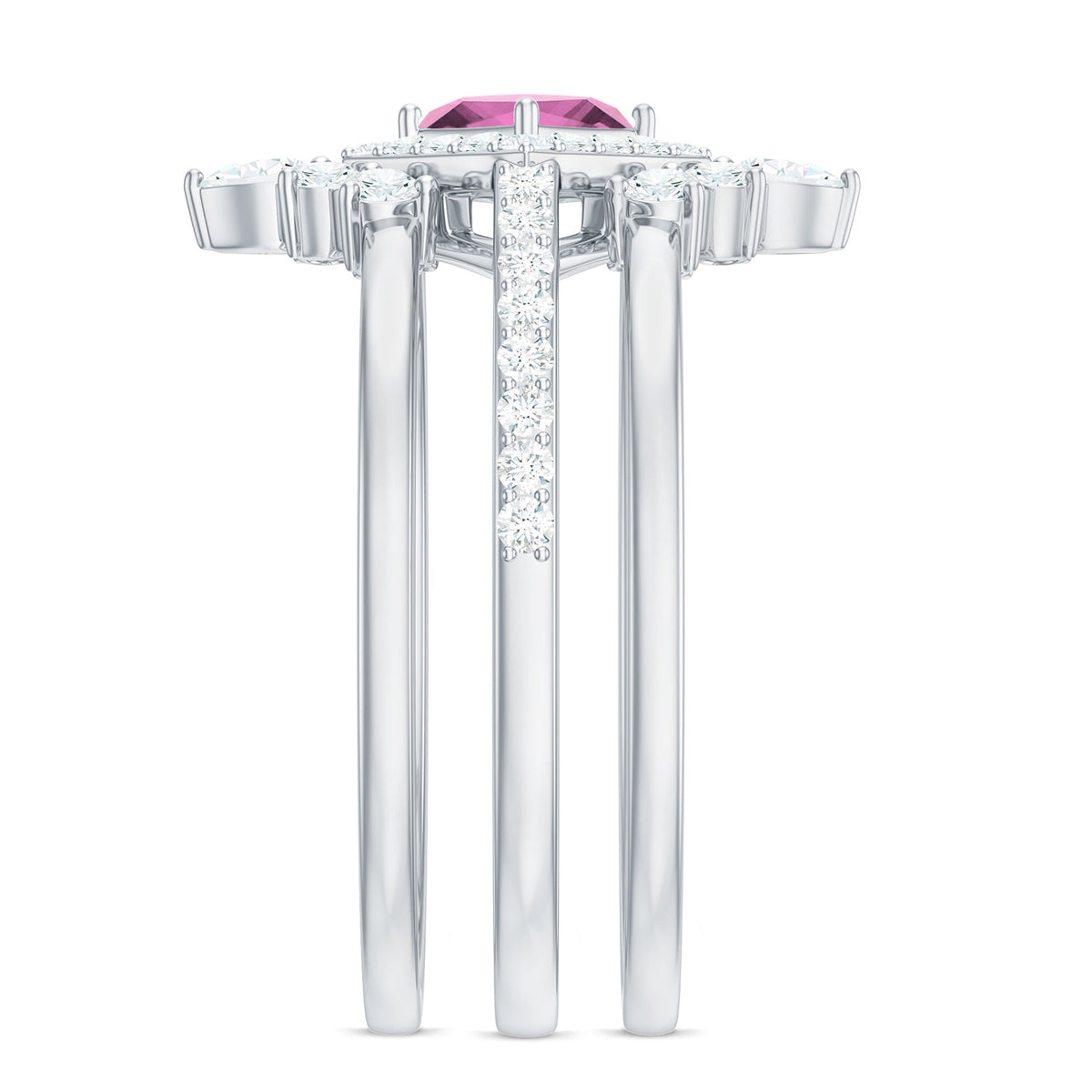 Real Pink tourmaline and Moissanite Trio Wedding Ring Set