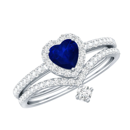 Conjunto de anillo de compromiso con halo de zafiro azul con forma de corazón auténtico y diamantes