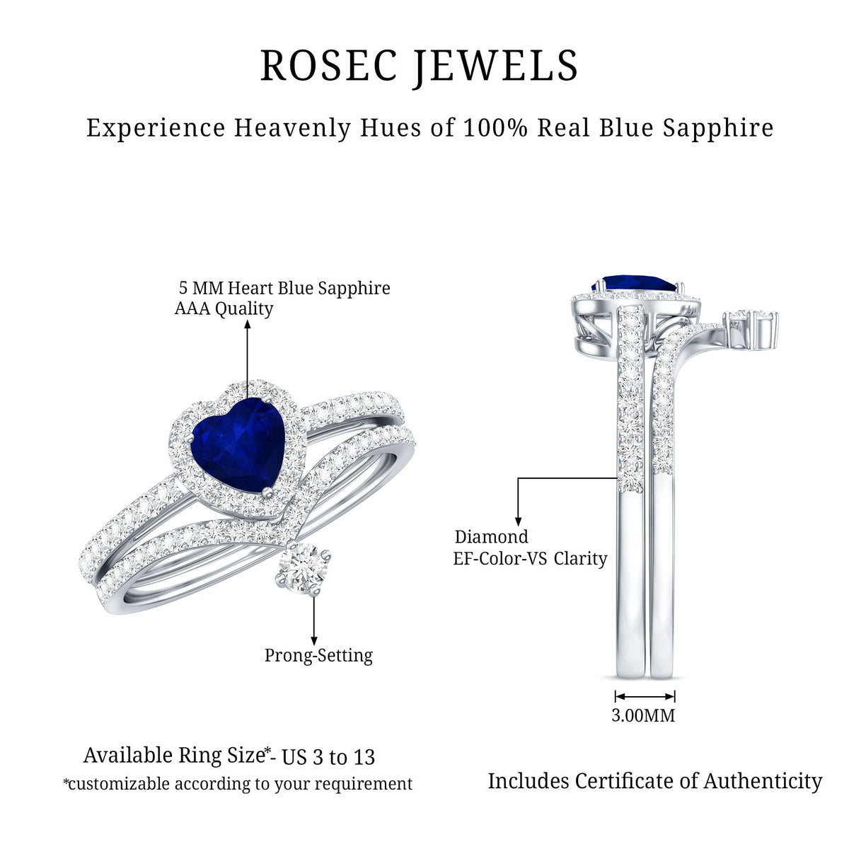 Conjunto de anillo de compromiso con halo de zafiro azul con forma de corazón auténtico y diamantes