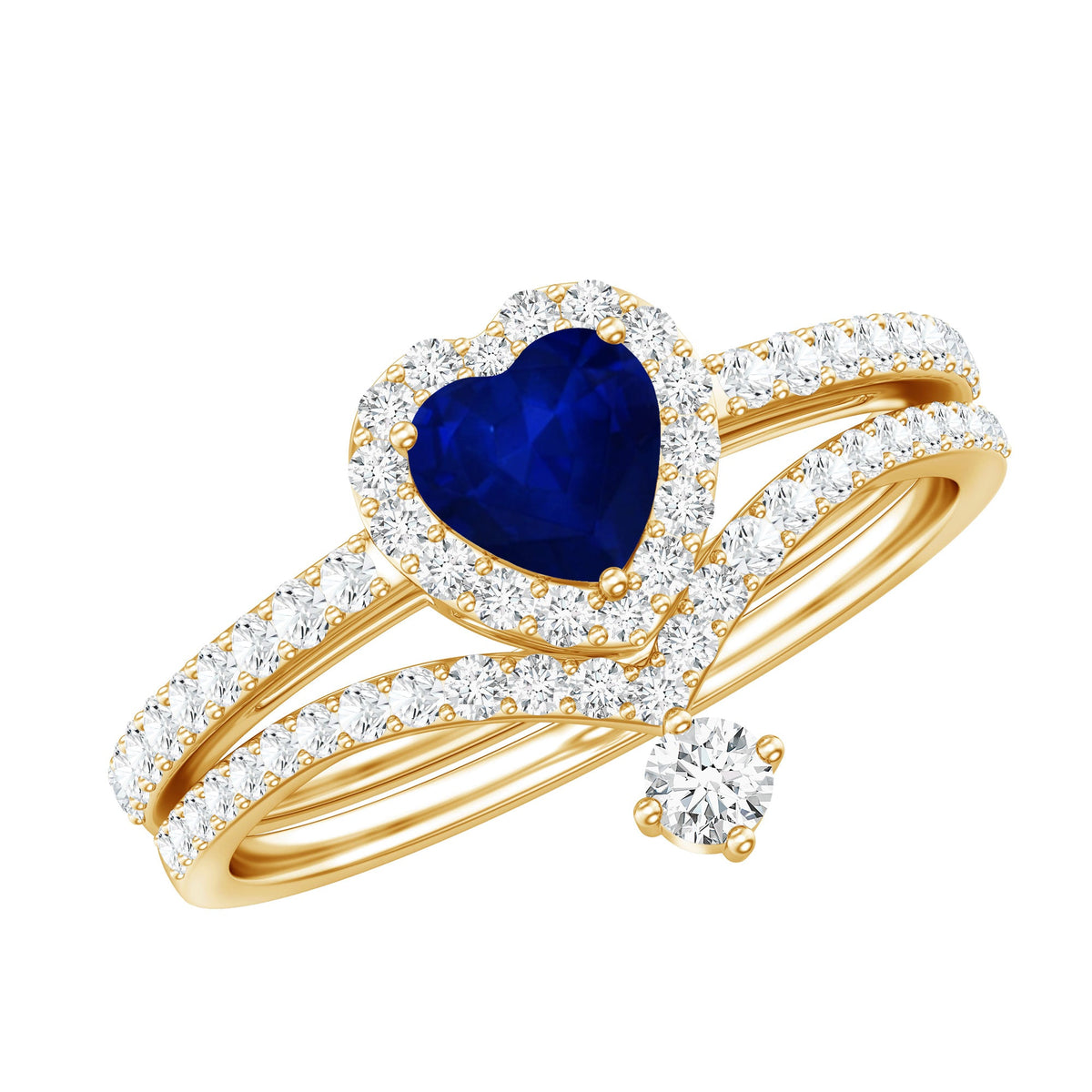 Conjunto de anillo de compromiso con halo de zafiro azul con forma de corazón auténtico y diamantes