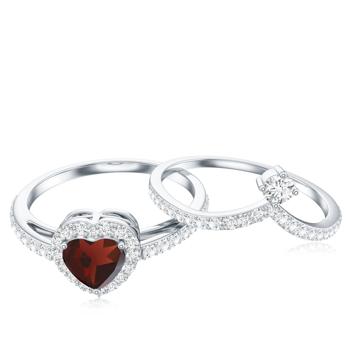 Natural Garnet Diamond Heart Engagement Ring Wedding Band Set