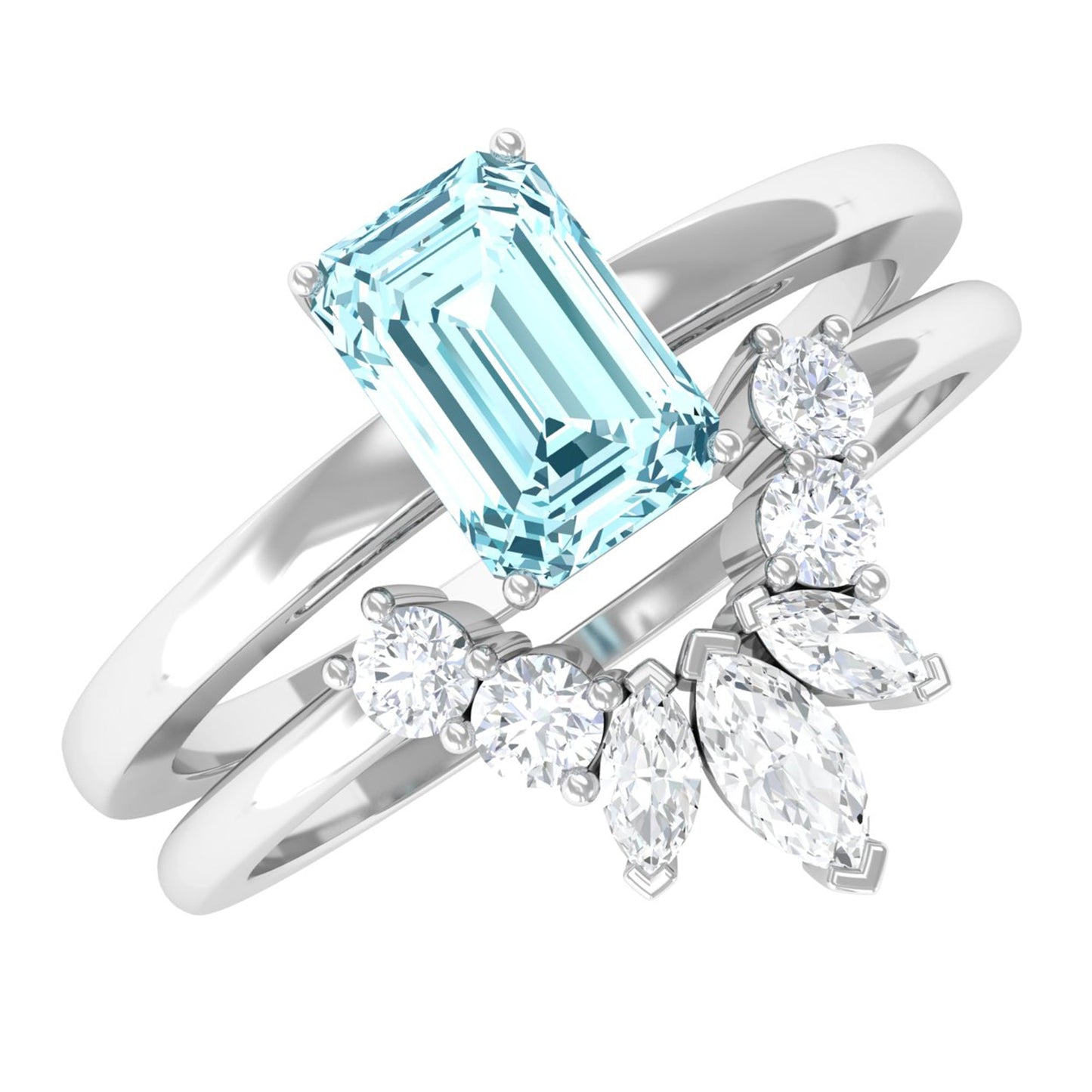 Anillo de compromiso de aguamarina natural talla esmeralda con banda de diamantes