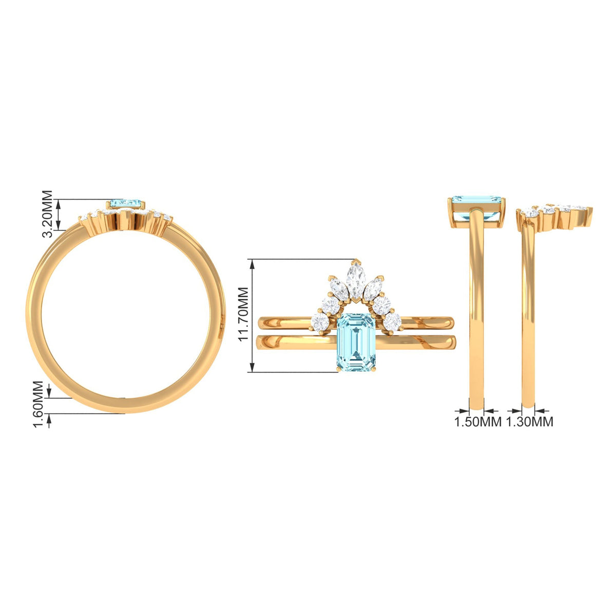 Anillo de compromiso de aguamarina natural talla esmeralda con banda de diamantes