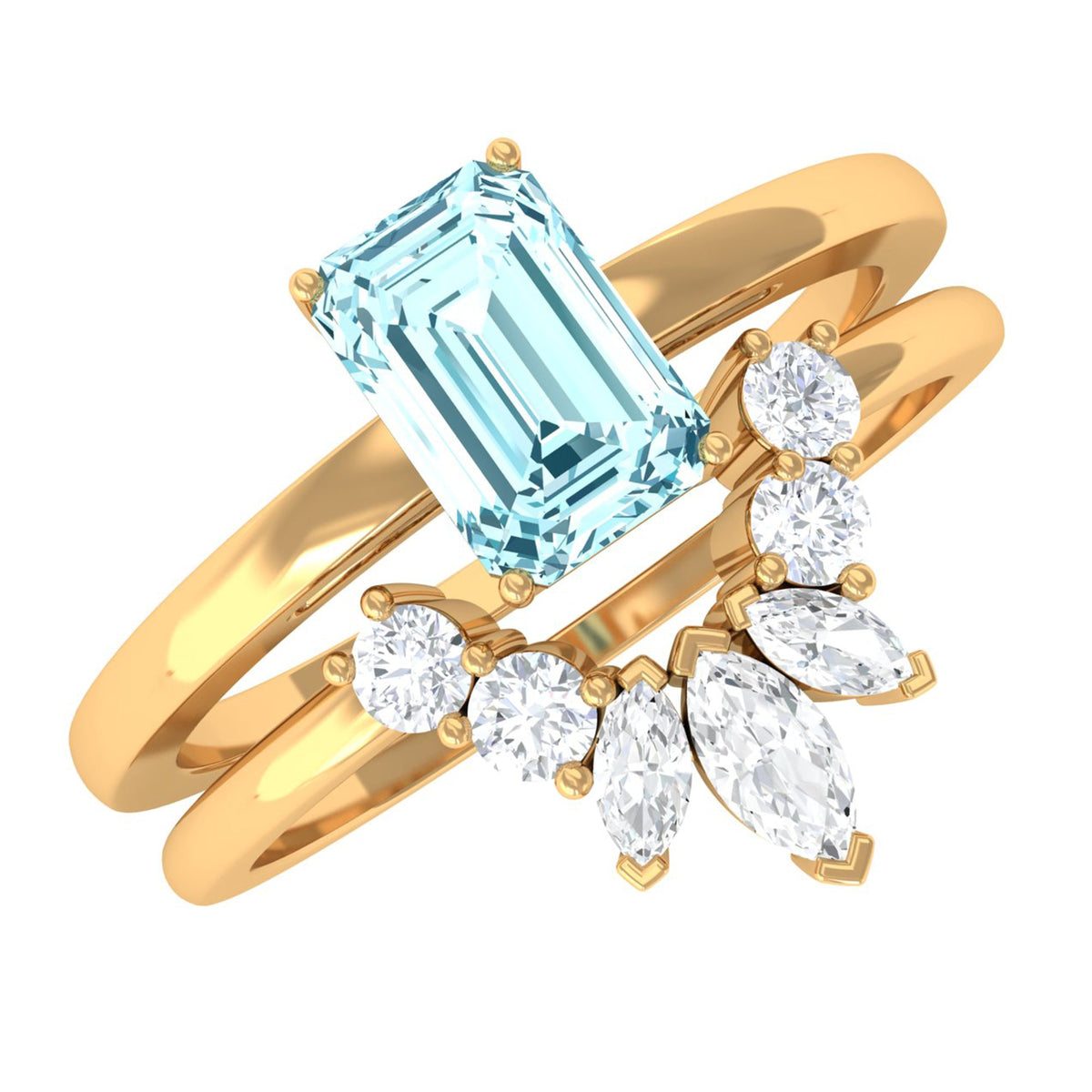 Anillo de compromiso de aguamarina natural talla esmeralda con banda de diamantes