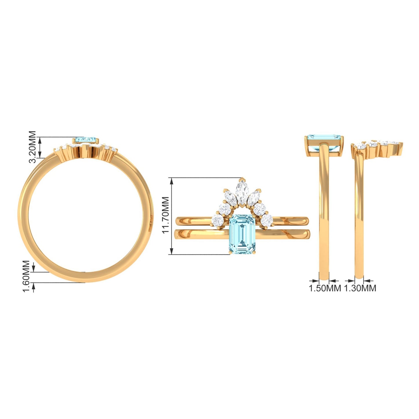 Anillo de compromiso de aguamarina natural talla esmeralda con banda de diamantes