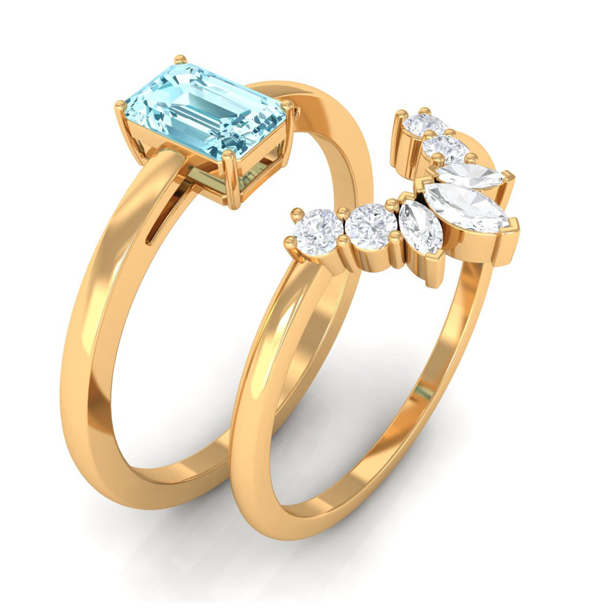 Anillo de compromiso de aguamarina natural talla esmeralda con banda de diamantes