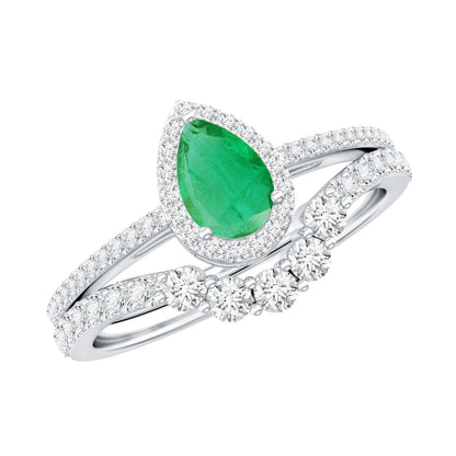 0.3 Carat Natural Emerald Diamond Pear Shaped Engagement Wedding Ring Set of 2