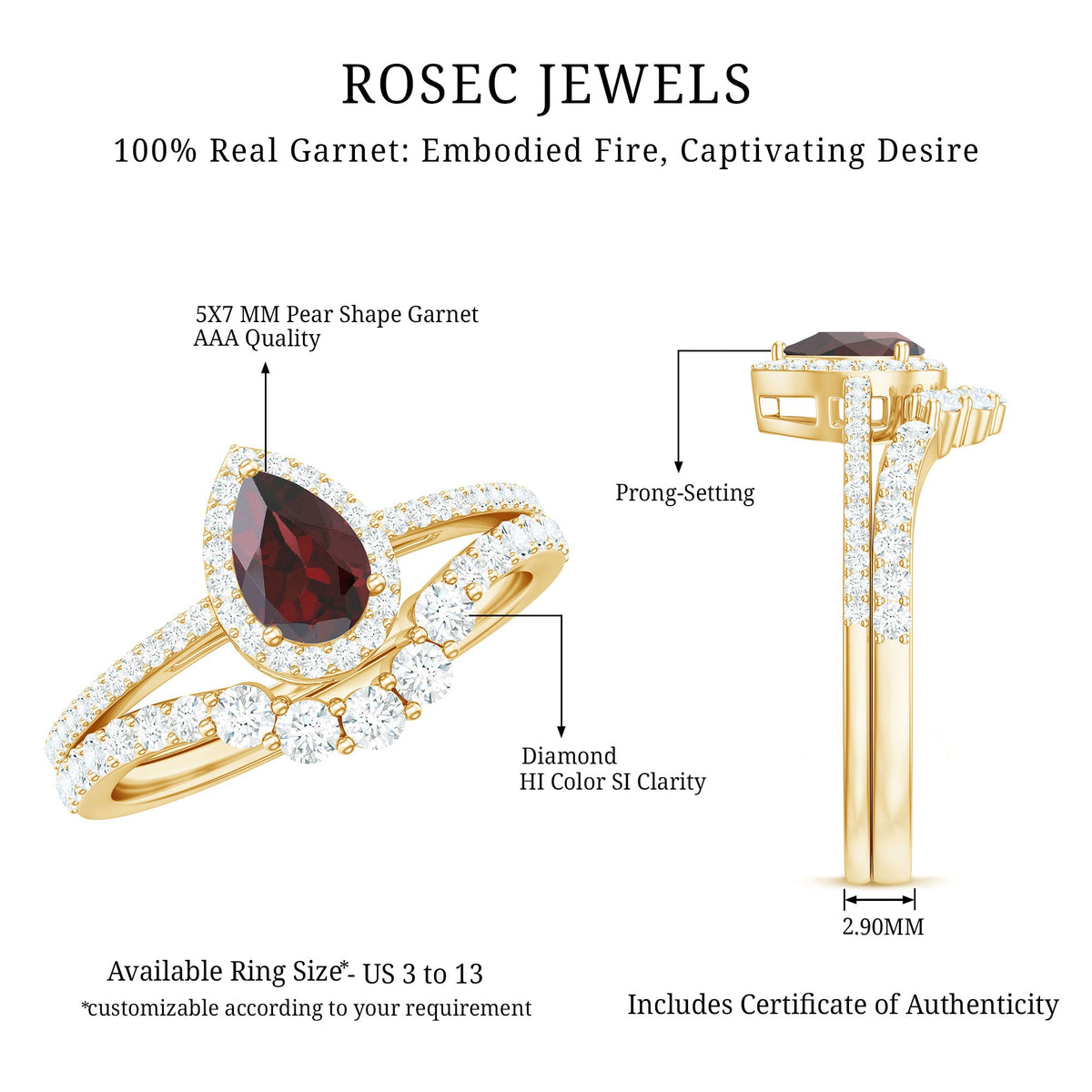 Natural 0.8 Carat Pear Shape Garnet Diamond Wedding Engagement Ring Set