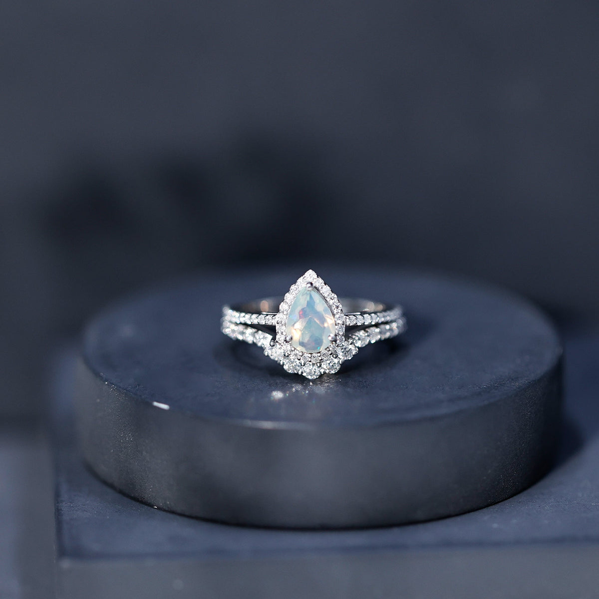 Certified 0.7 Carat Natural Ethiopian Opal Teardrop Wedding Engagement Ring Set of 2