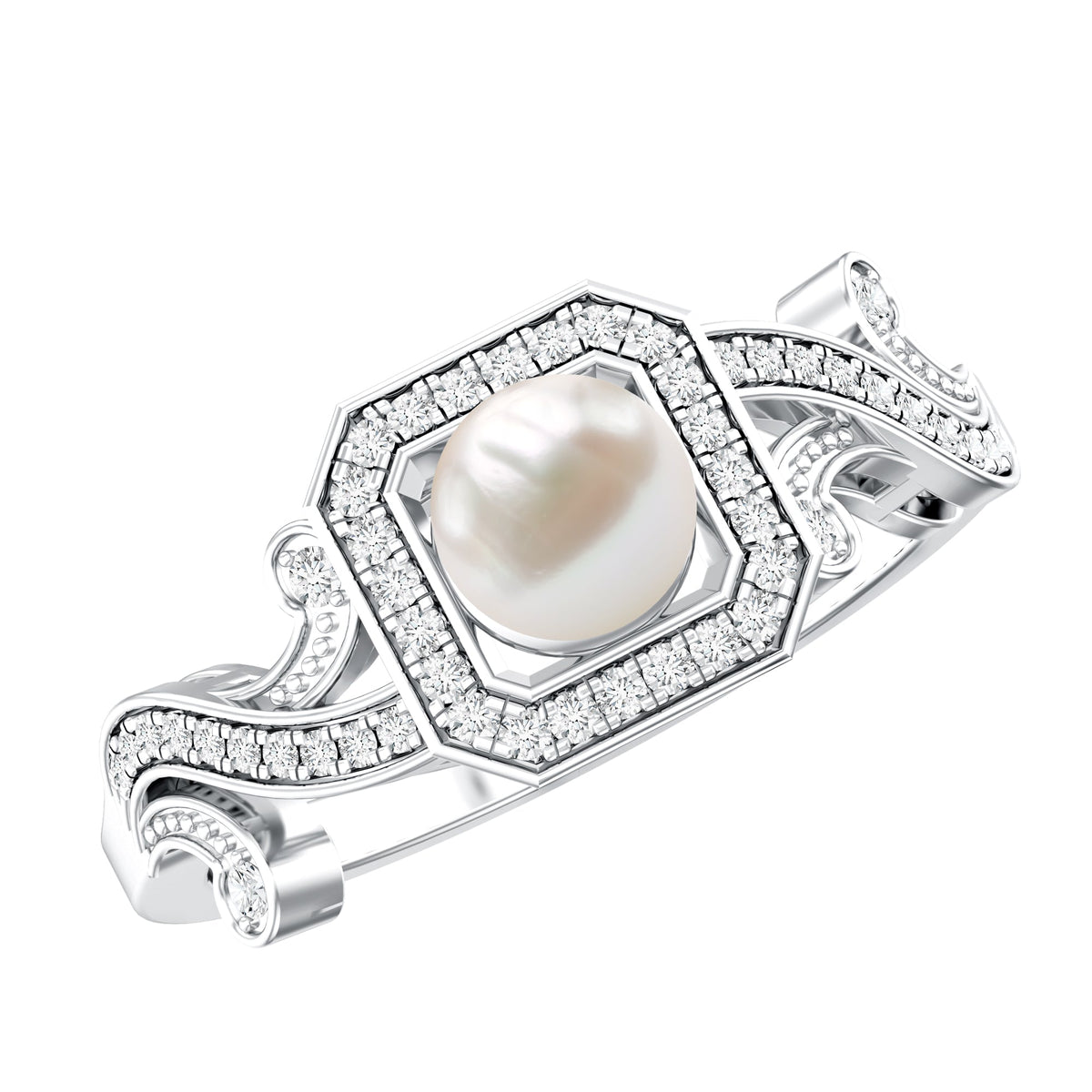 Vintage Inspired 2 Carat Pearl Engagement Ring with Diamond Halo