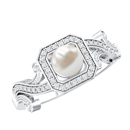 Vintage Inspired 2 Carat Pearl Engagement Ring with Diamond Halo