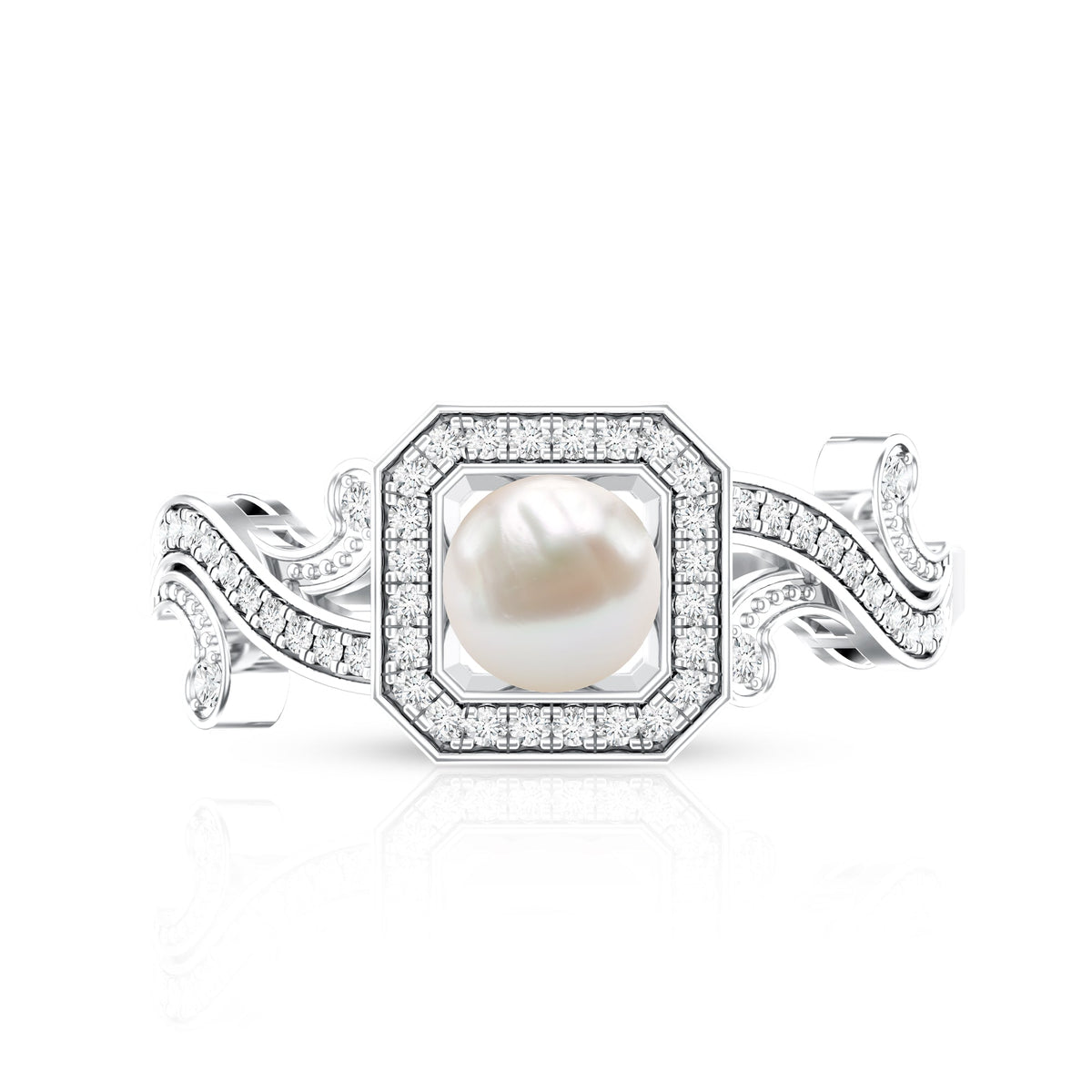 Vintage Inspired 2 Carat Pearl Engagement Ring with Diamond Halo