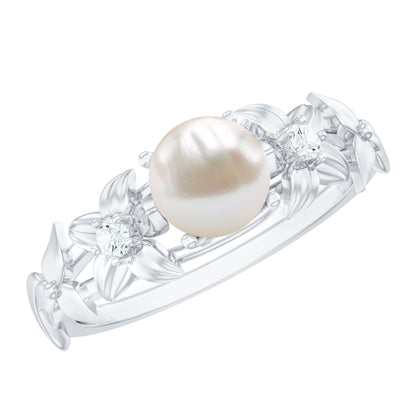 Cultured 2.2 Carat White Pearl Flower Engagement Ring with Diamonds