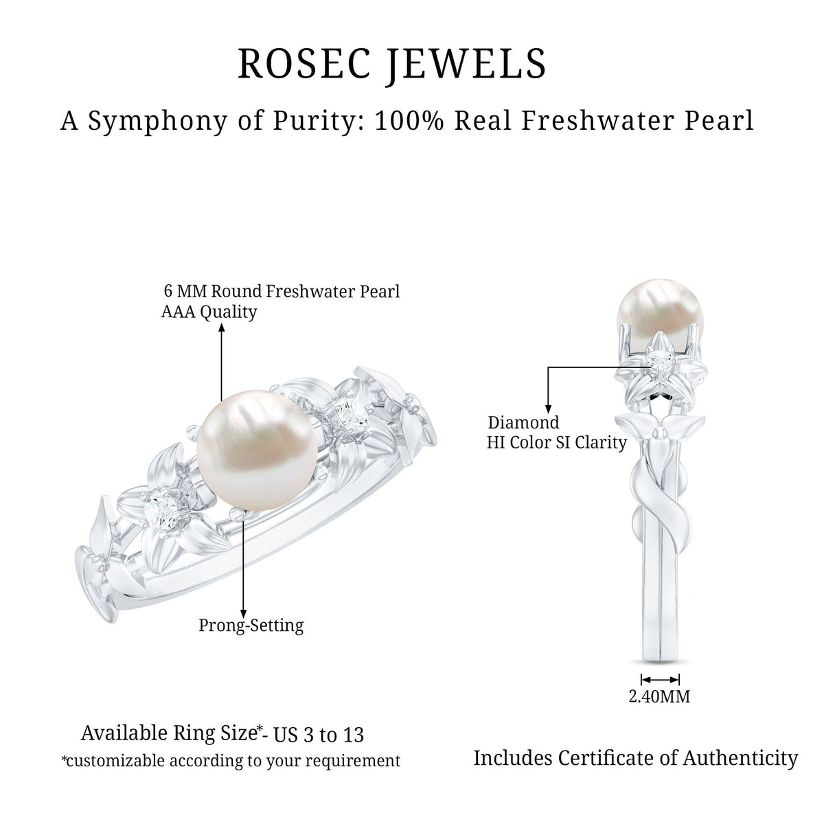 Cultured 2.2 Carat White Pearl Flower Engagement Ring with Diamonds