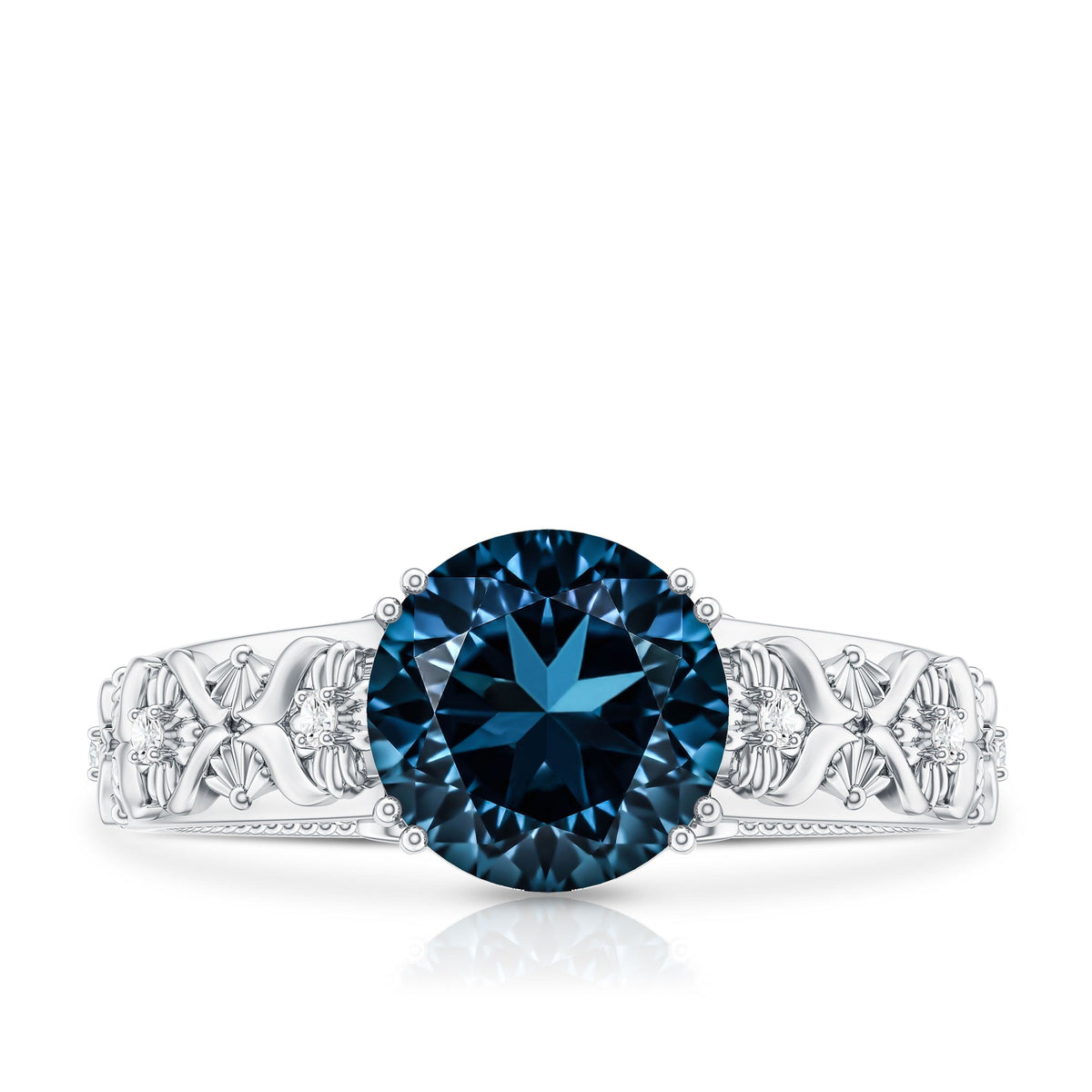2 Carat Round London Blue Topaz Vintage Engagement Ring with Certificate