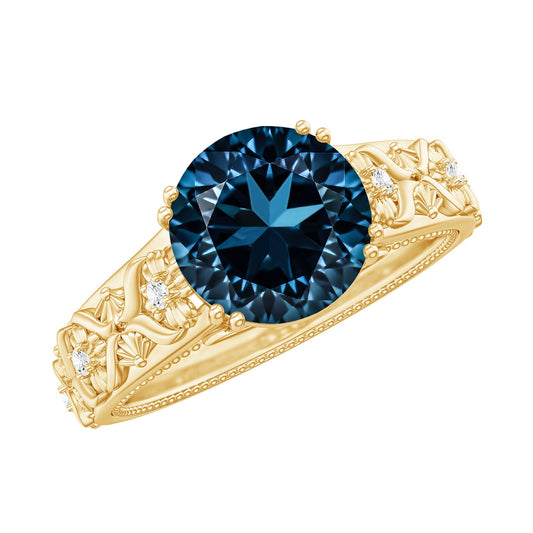 Anillo de compromiso vintage de topacio azul de Londres redondo de 2 quilates con certificado