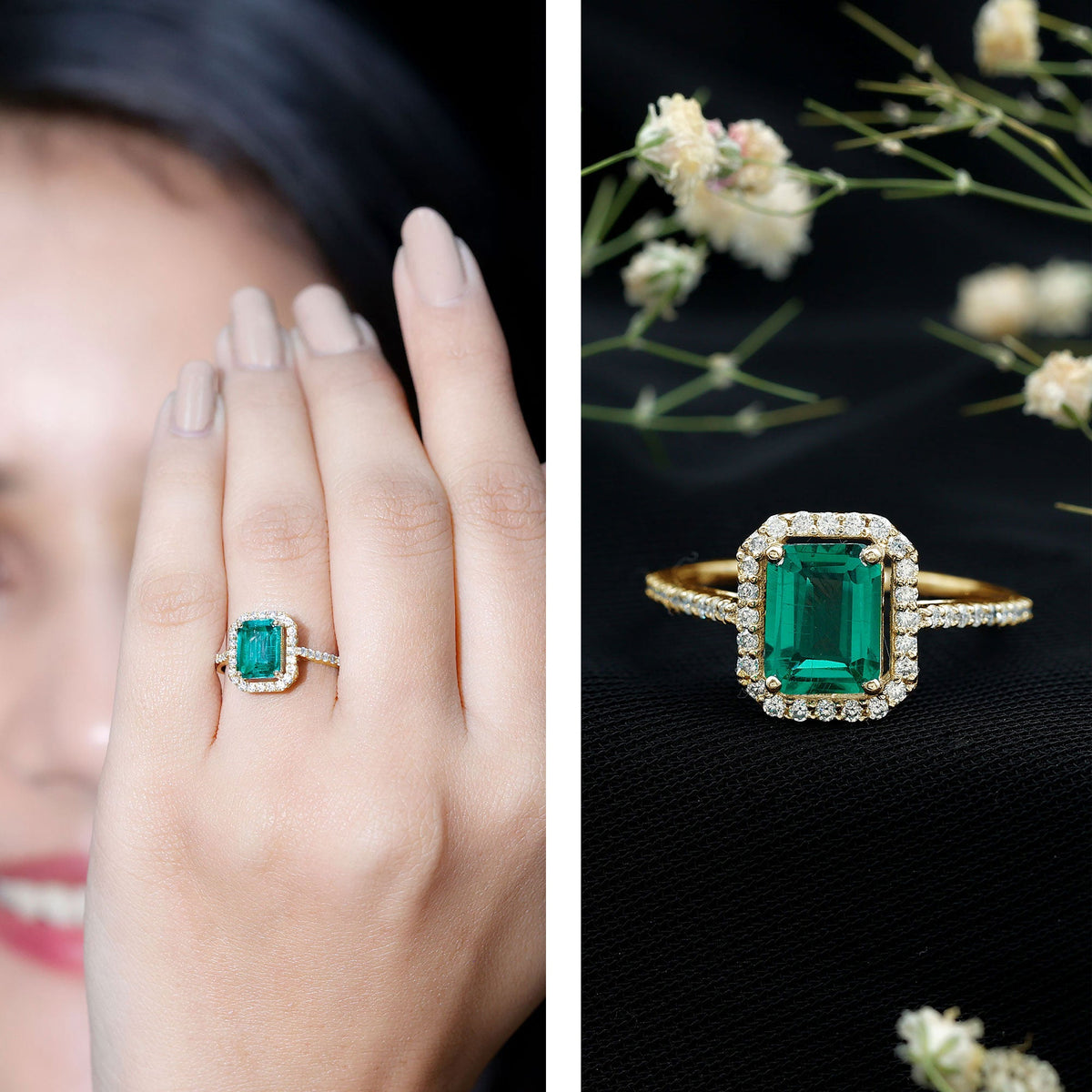 1.6 Carat Emerald Cut Lab Created Emerald Engagement Ring With Moissanite Halo