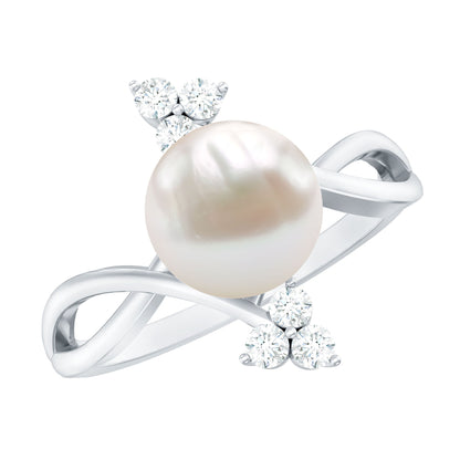 Cultured 7.48 Carat White Pearl Bypass Engagement Ring with Diamond