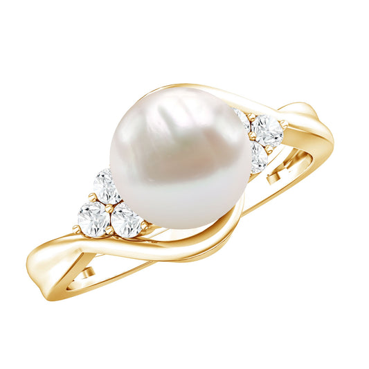 Anillo de compromiso de perla de agua dulce natural de 7,4 quilates con trío de diamantes