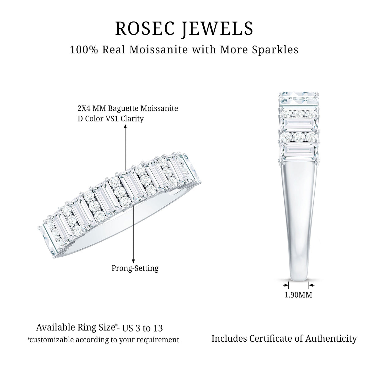 Certified Baguette Moissanite Half Eternity Band Ring for Women