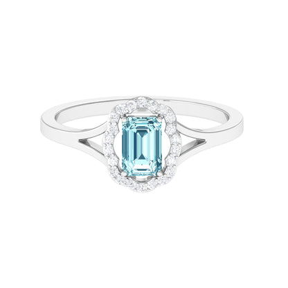 Emerald Cut Aquamarine Engagement Ring with Diamond Floral Halo