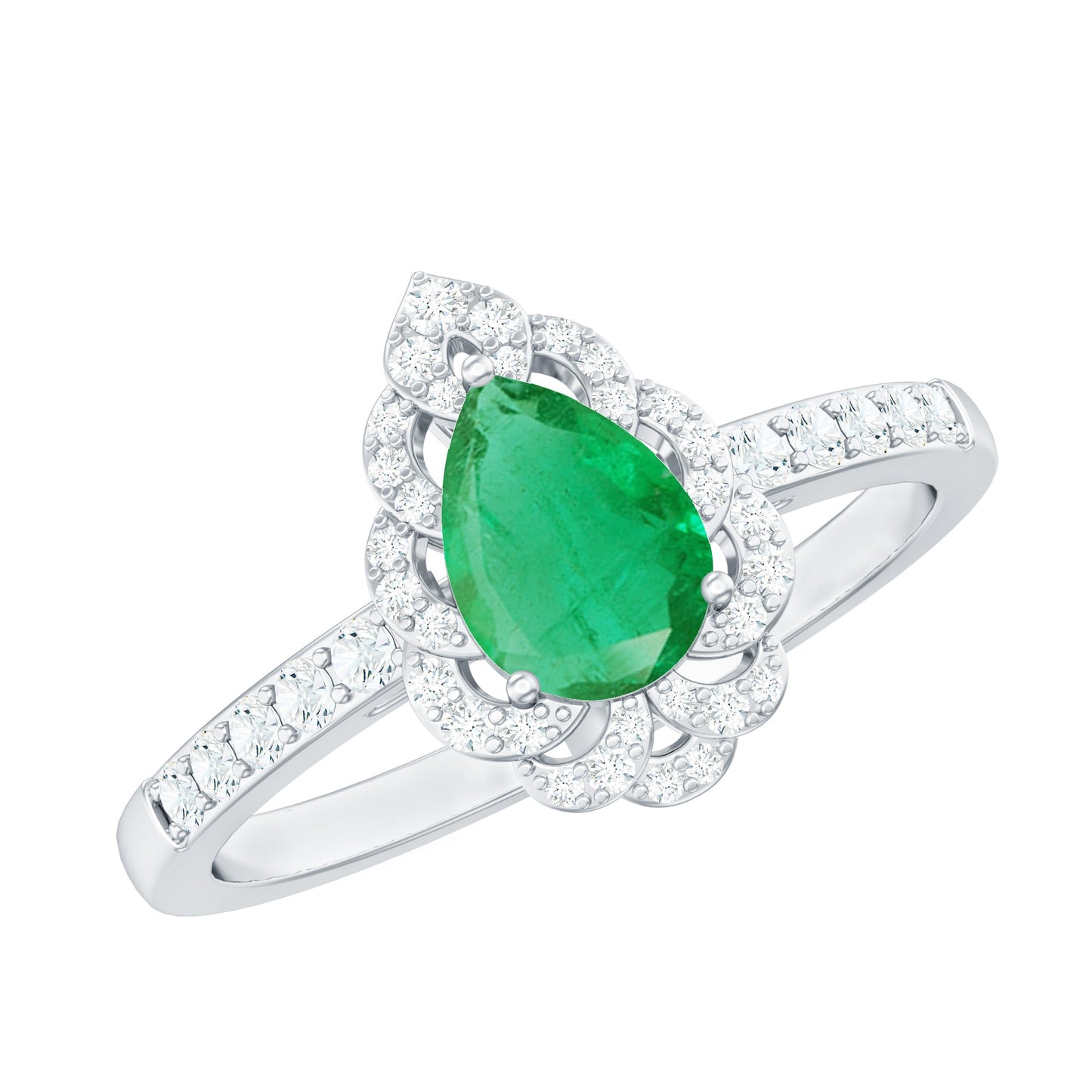 Anillo de compromiso de esmeralda talla pera con diamantes con motivos naturales
