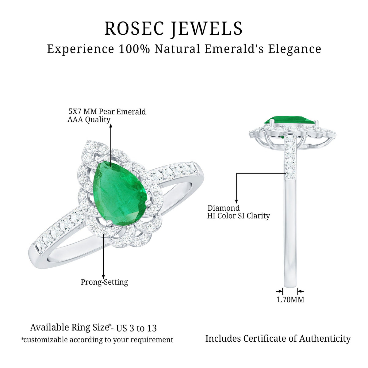 Anillo de compromiso de esmeralda talla pera con diamantes con motivos naturales