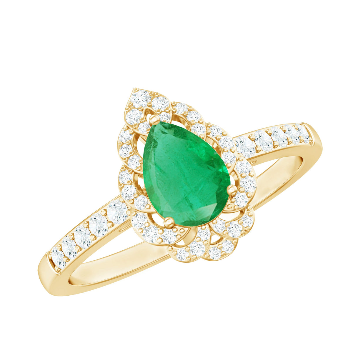 Anillo de compromiso de esmeralda talla pera con diamantes con motivos naturales