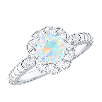 Anillo de compromiso de ópalo etíope con diseño floral de aspecto vintage con diamante