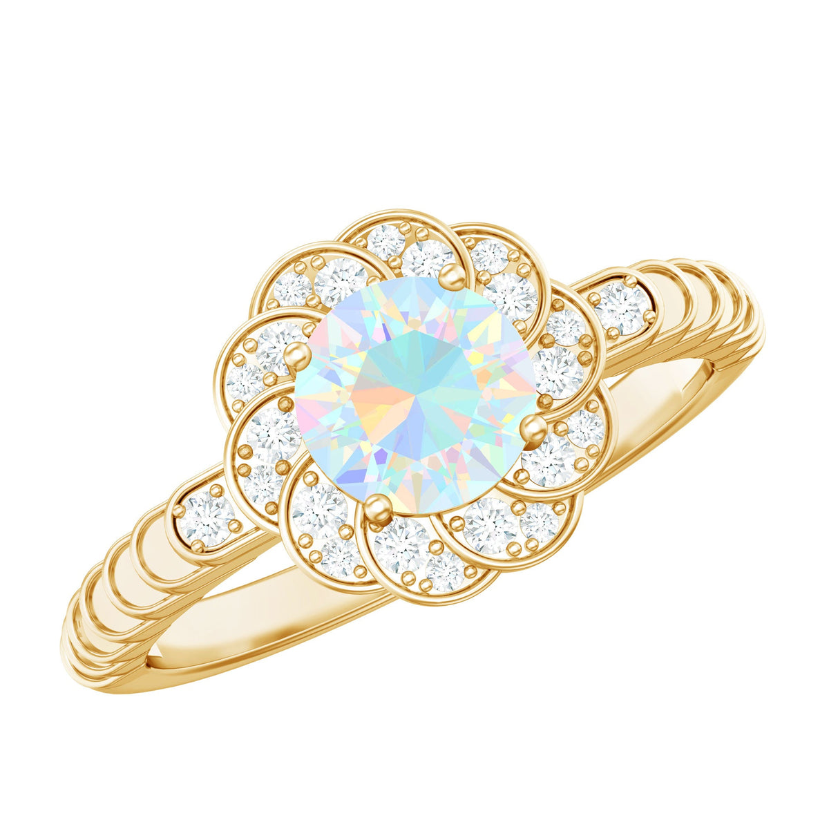 Anillo de compromiso de ópalo etíope con diseño floral de aspecto vintage con diamante