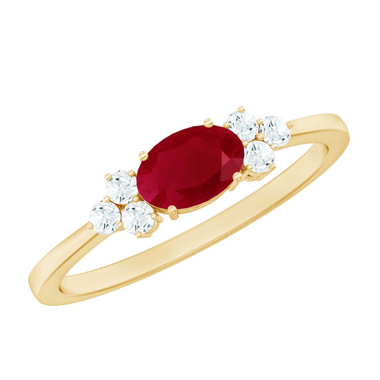 Anillo de promesa ovalado de rubí de 0,6 quilates con diamante estilo East West