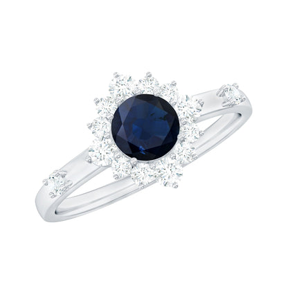 Anillo de compromiso de zafiro azul natural de 0,9 quilates con halo de diamantes