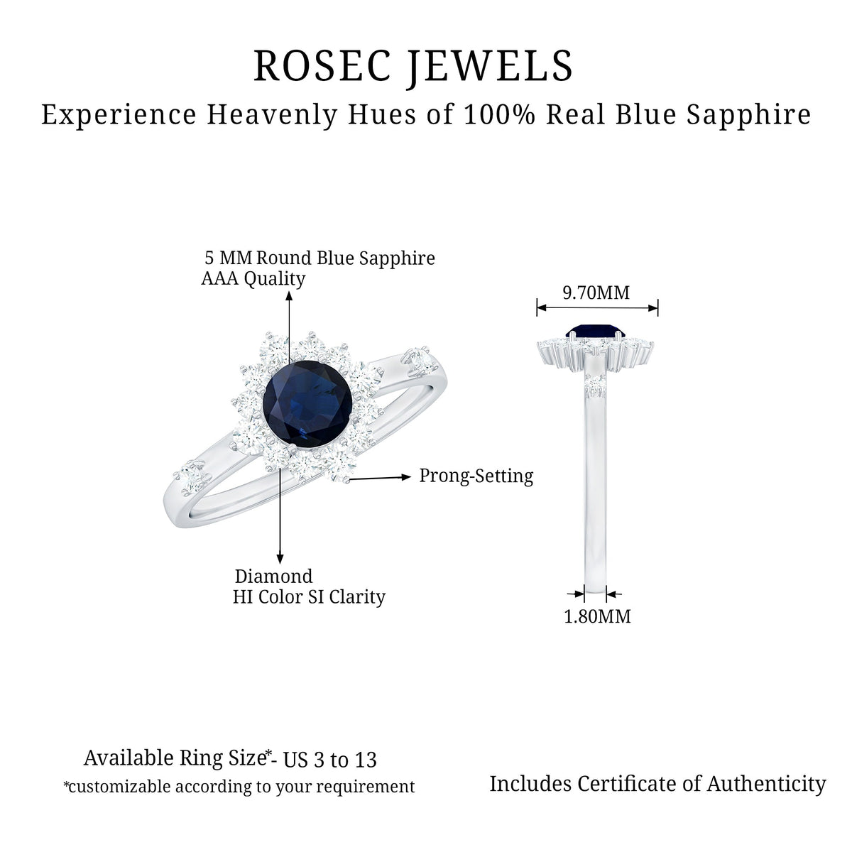 Anillo de compromiso de zafiro azul natural de 0,9 quilates con halo de diamantes