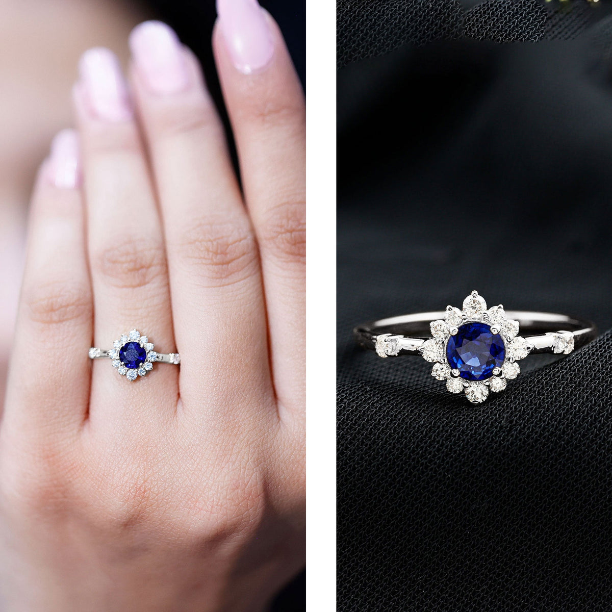 Anillo de compromiso de zafiro azul natural de 0,9 quilates con halo de diamantes
