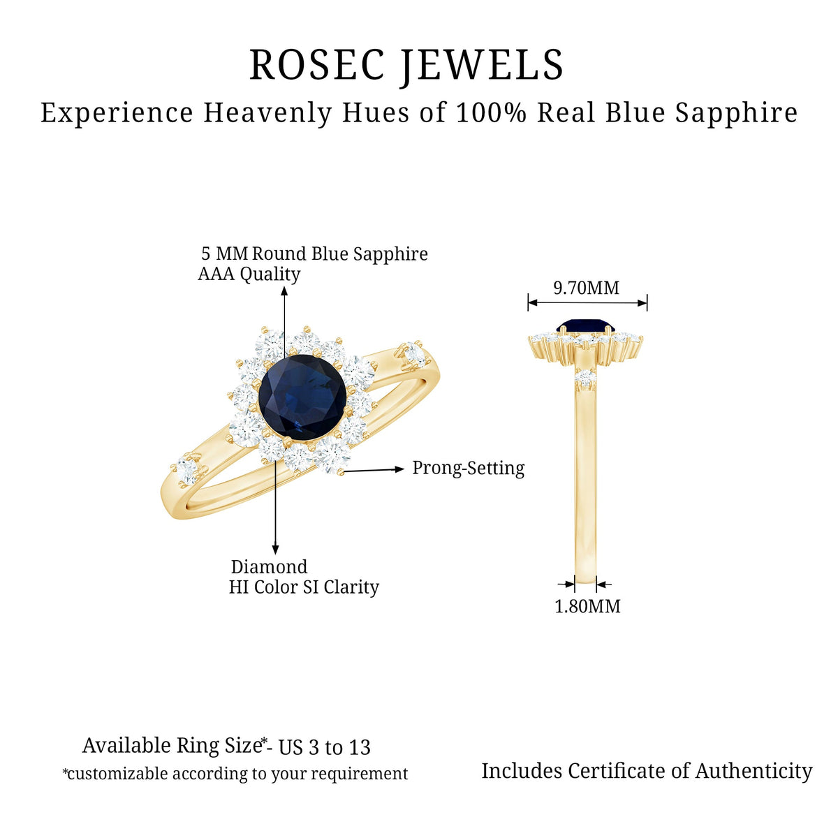Anillo de compromiso de zafiro azul natural de 0,9 quilates con halo de diamantes