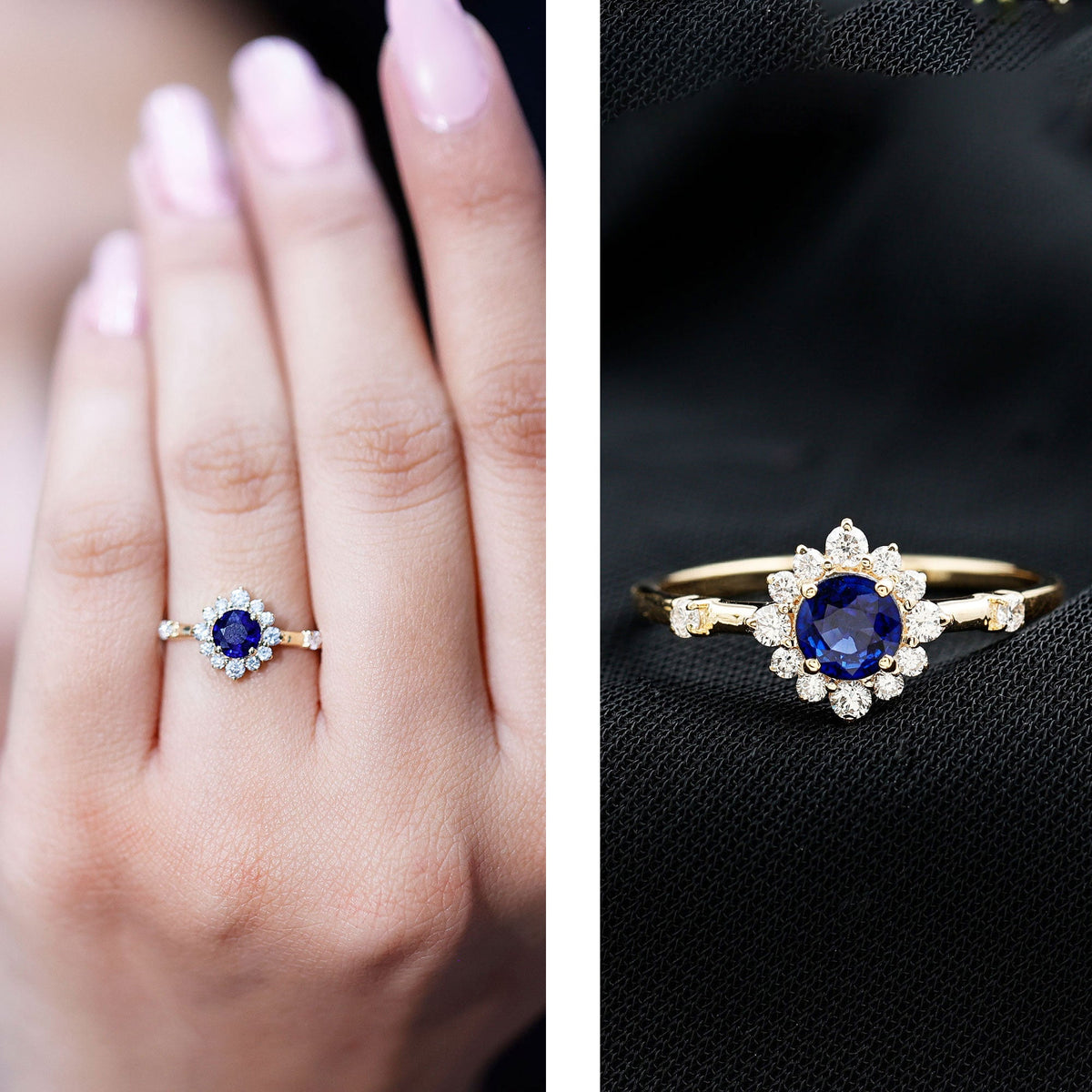 Anillo de compromiso de zafiro azul natural de 0,9 quilates con halo de diamantes