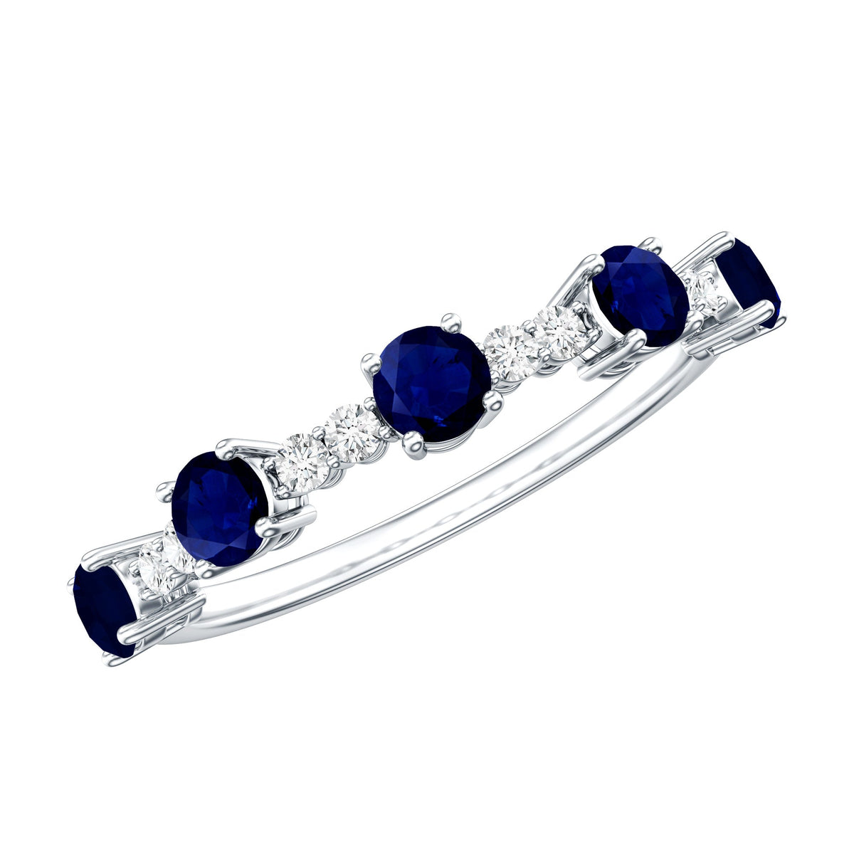 Anillo de media eternidad de zafiro azul redondo y diamantes