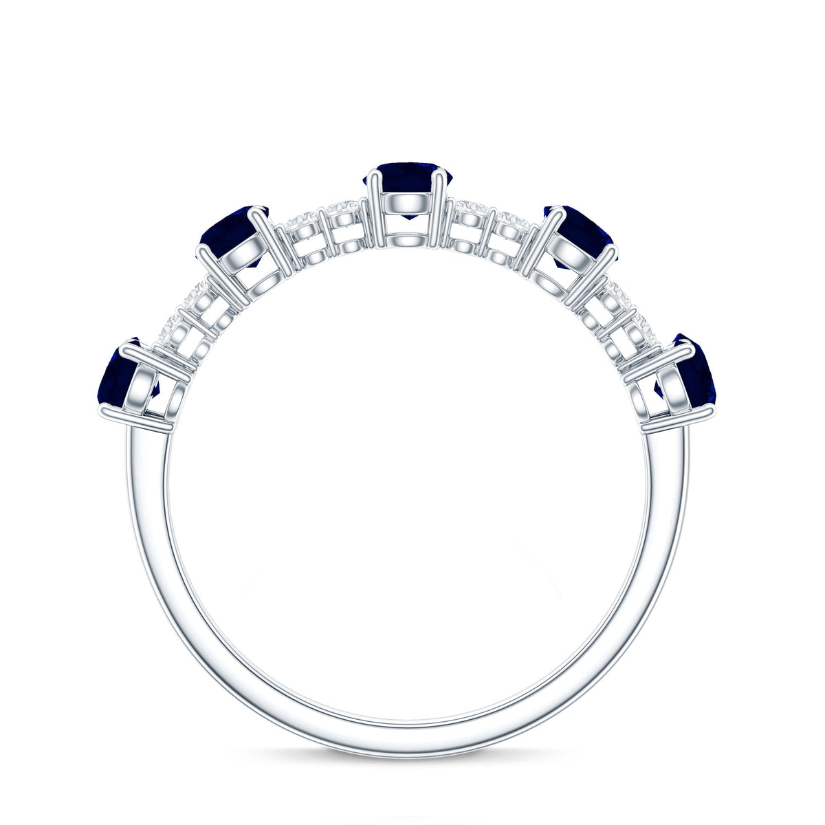Anillo de media eternidad de zafiro azul redondo y diamantes