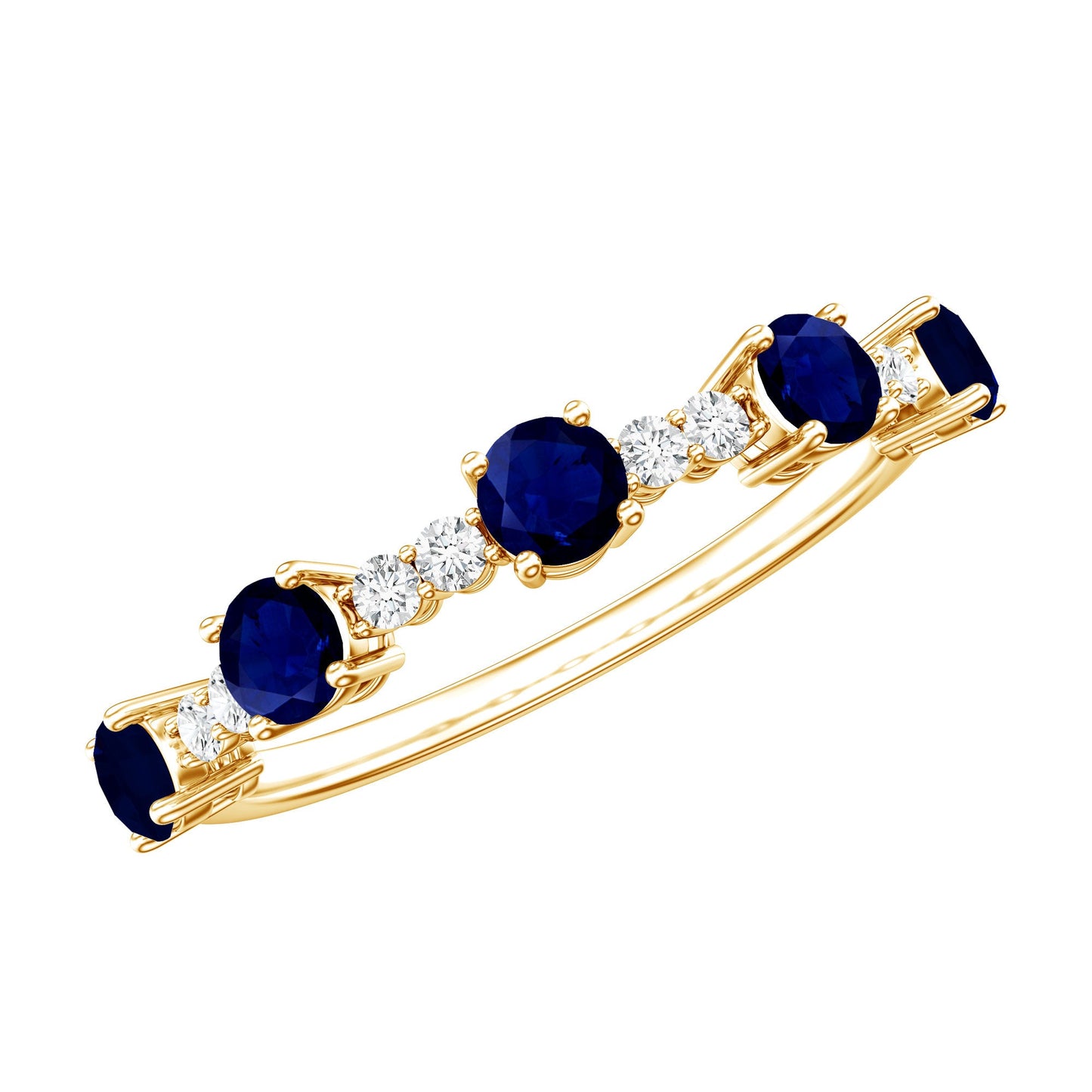 Anillo de media eternidad de zafiro azul redondo y diamantes